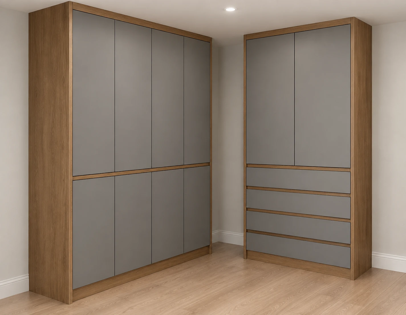 Render del clóset abatible y la cajonera en gris Cúbrica con nogal africano