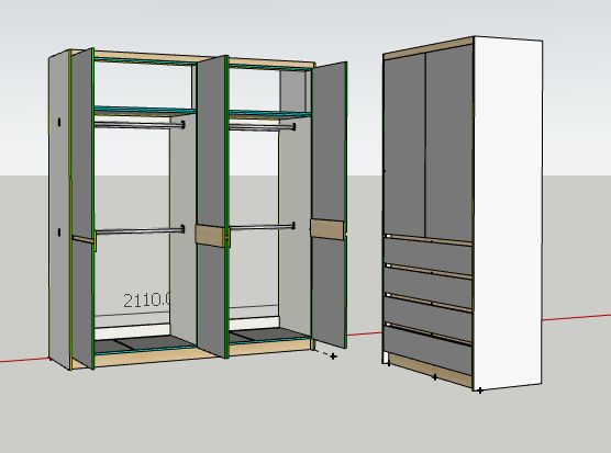 Modelo 3D del interior del clóset con barras de colgado y entrepaños