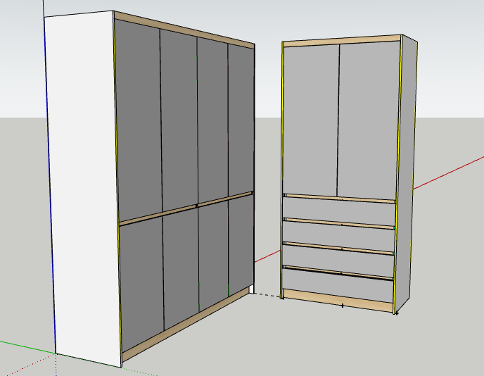 Modelo 3D exterior del clóset y la cajonera con franjas de nogal