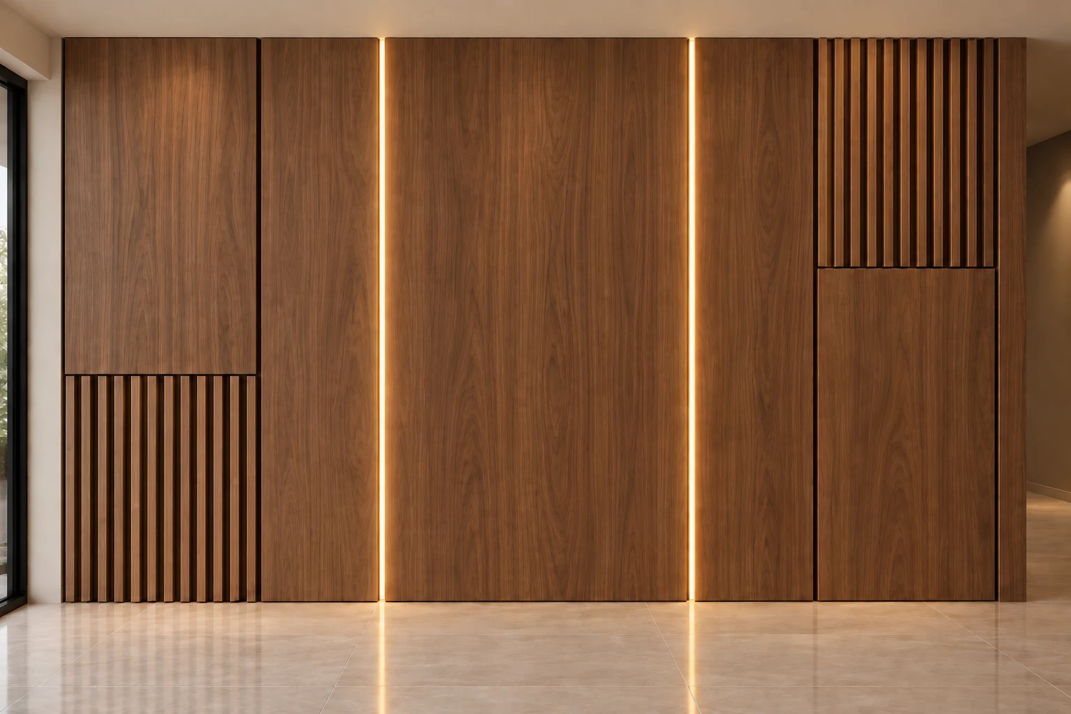 Revestimiento de pared en melamina Nogal Imperial con luz LED