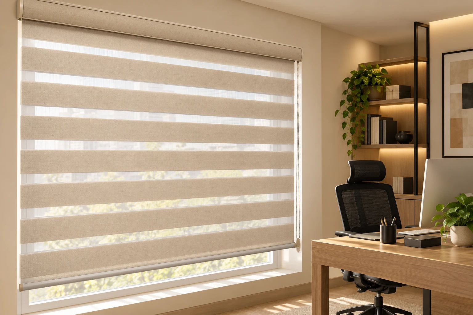 Persiana sheer dúo color arena en un estudio en casa con escritorio de madera y repisas iluminadas