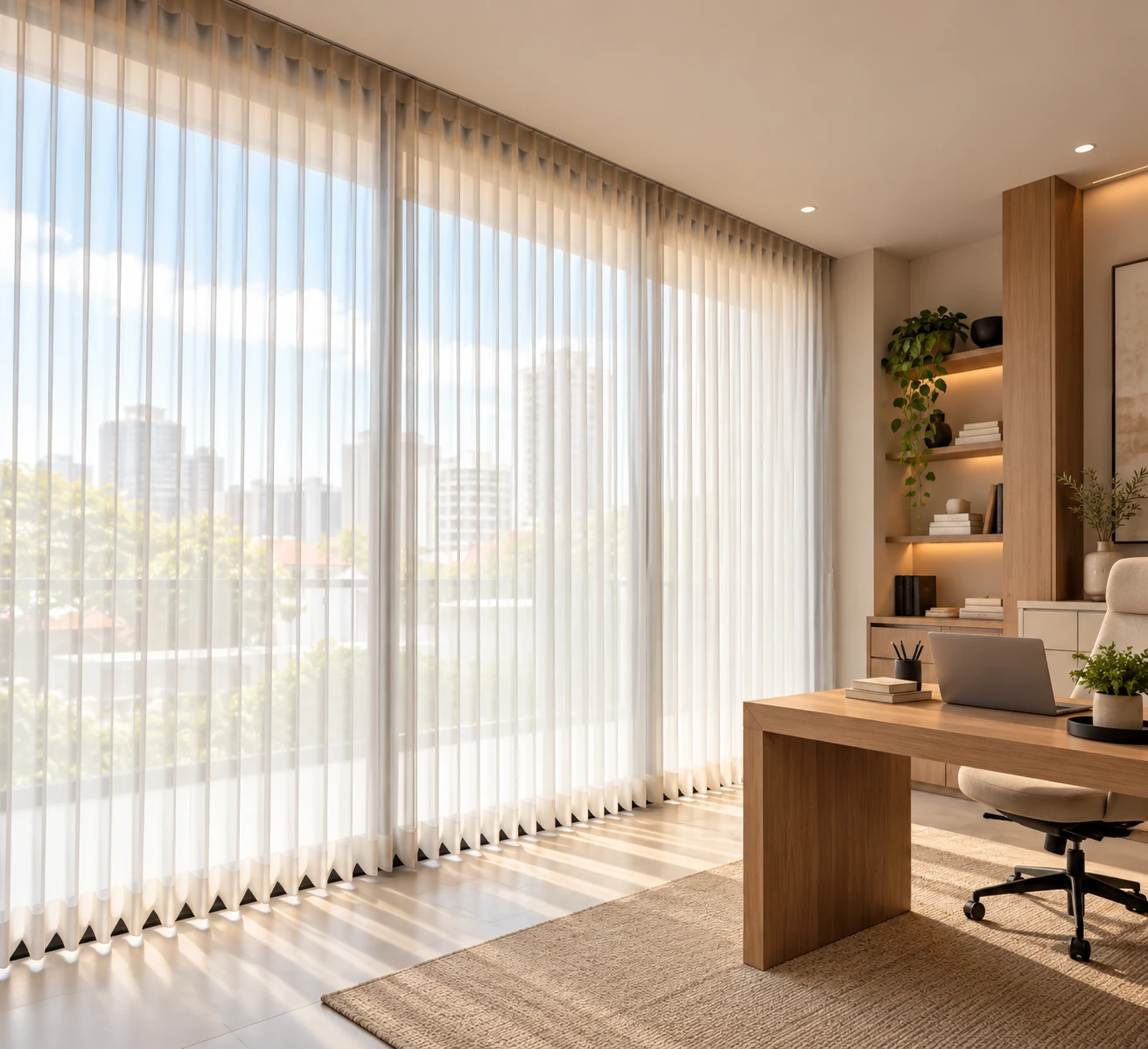 Visillo blanco translúcido en ondas, de techo a piso, en un estudio con ventanal y vista a la ciudad