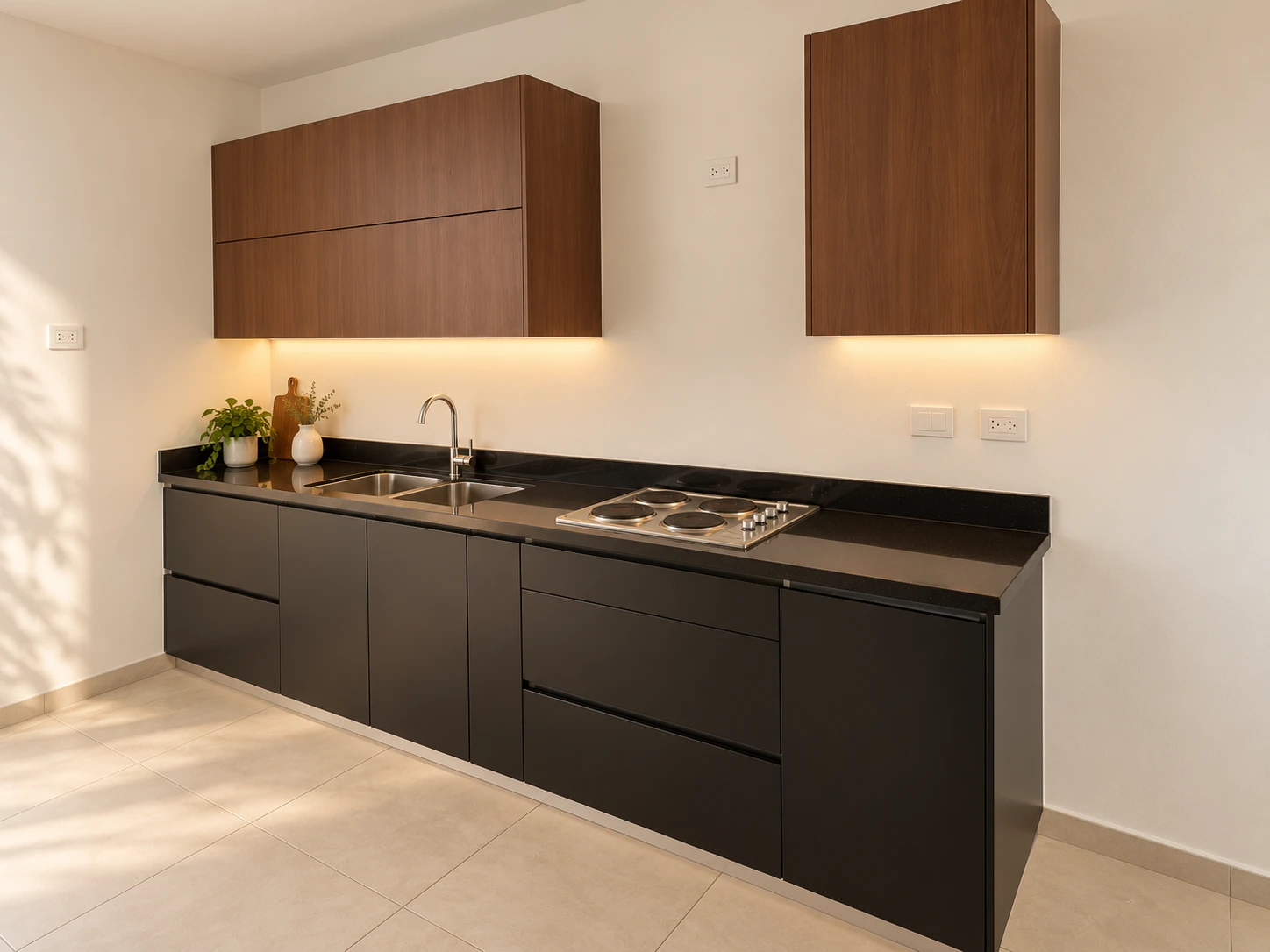 Cocina lineal con gabinetes inferiores en negro mate, alacenas en tono nogal, cubierta negra e iluminación LED