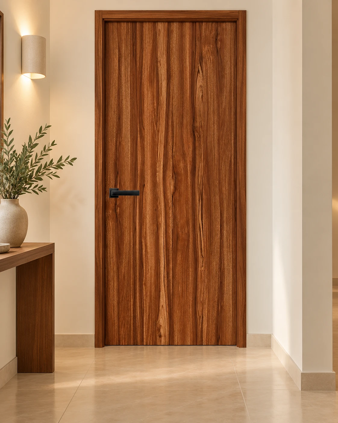 Puerta de melamina lisa en tono madera con marco a juego y manija negra, en un pasillo