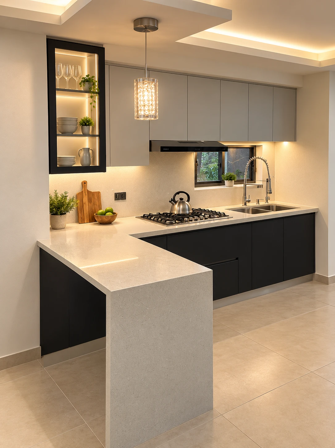 Cocina integral en L con barra desayunadora, gabinetes en negro mate, alacenas grises, cubierta clara y vitrina con luz LED