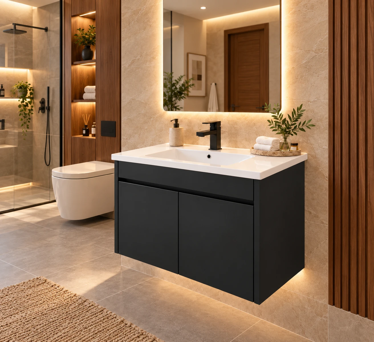 Mueble de baño flotado Gris Oxford en ambiente